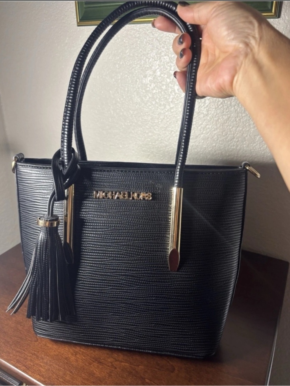 Michael Kors Black Textured Tote with Tassel and Gold Hardware - Picture 2 of 3